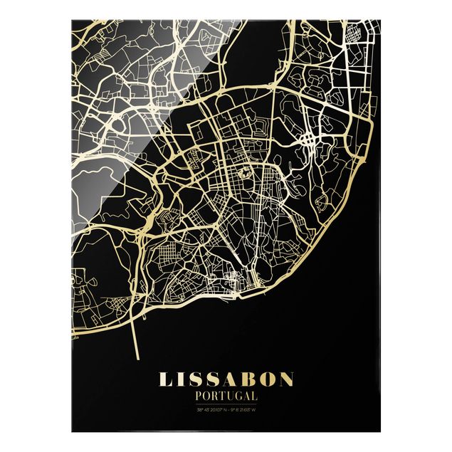Quadro in vetro - Pianta della città Lisbona - Classico nero - Formato verticale