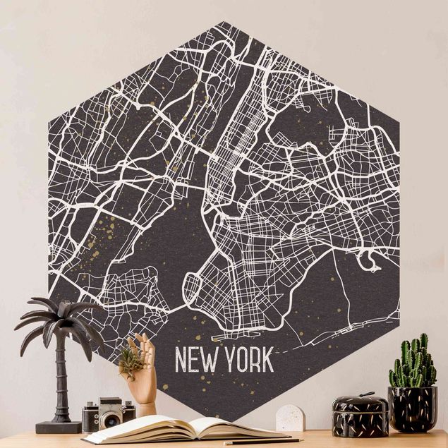 Carta da parati esagonale adesiva con disegni - Mappa di New York - Rétro