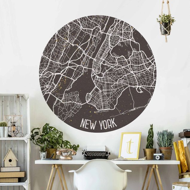 Carta da parati rotonda autoadesiva - Mappa New York- Retro