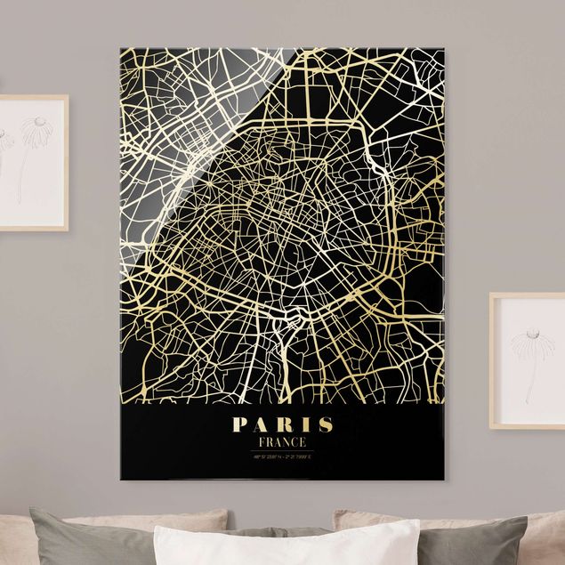 Quadro in vetro - Pianta della città Parigi - Classico nero - Formato verticale