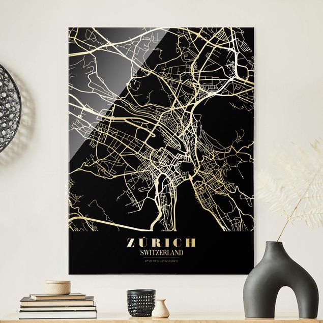 Lavagna magnetica vetro Mappa della città di Zurigo - Nero classico