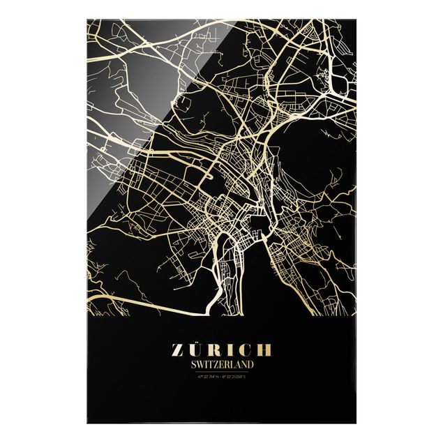 Quadro in vetro - Pianta della città Zurigo - Classico nero - Formato verticale