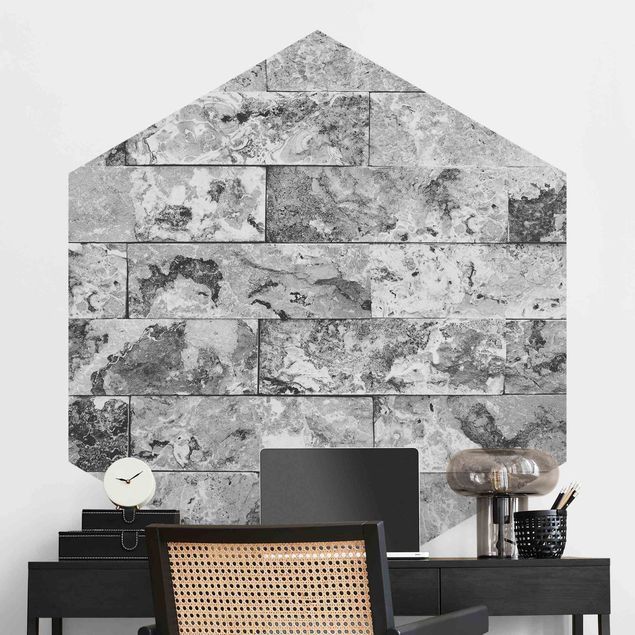 Carta da parati esagonale Muro di pietra in marmo naturale grigio