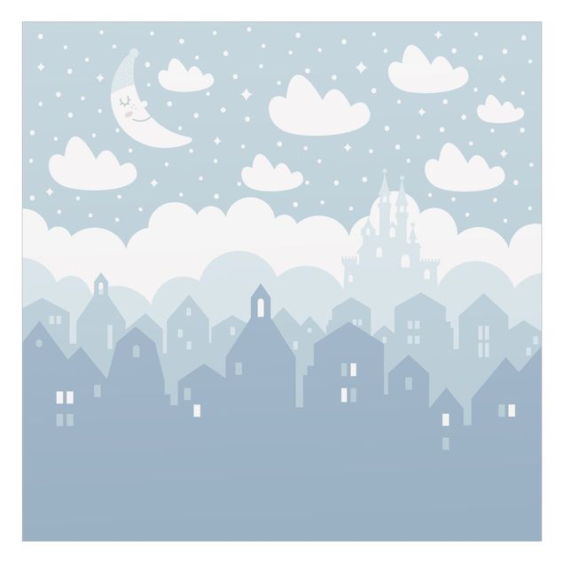 Decorazione per finestre - Cielo stellato con case e luna in blu