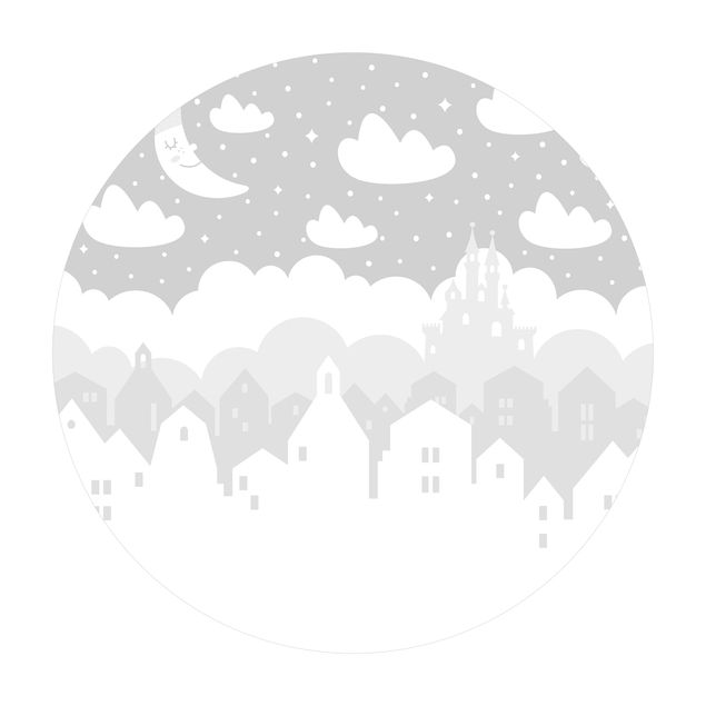 Tappeto in vinile rotondo - Cielo stellato con case e luna in grigio