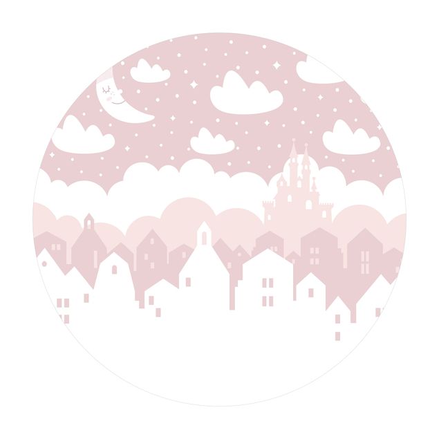 Tappeto in vinile rotondo - Cielo stellato con case e luna in rosa
