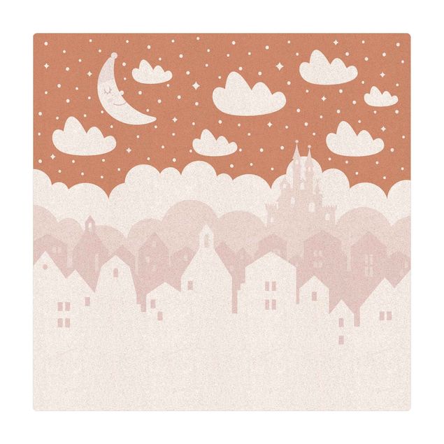 Tappetino di sughero - Cielo stellato con case e luna in rosa - Quadrato 1:1