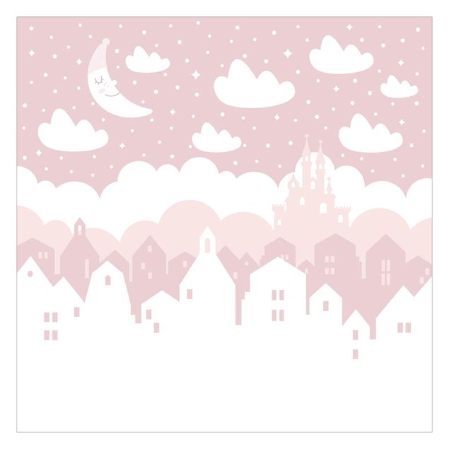 Carta da parati  - Cielo stellato con case e luna in rosa