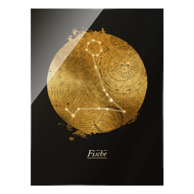 Quadro in vetro - Segno zodiacale Pesci in grigio e oro - Formato verticale