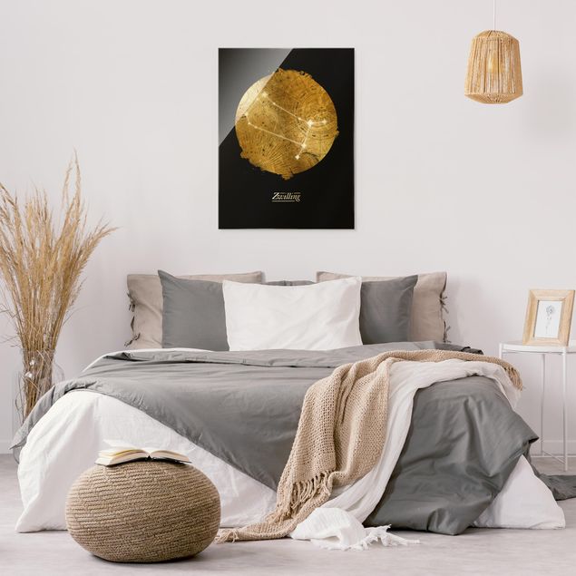 Quadro in vetro - Segno zodiacale Gemelli in grigio e oro - Formato verticale
