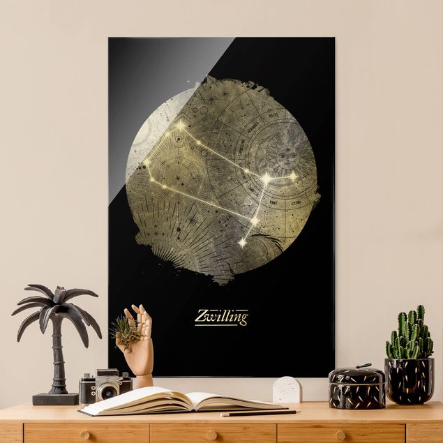 Quadro in vetro - Segno zodiacale Gemelli in argento - Formato verticale