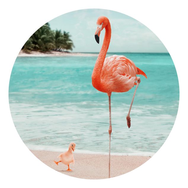 Carta da parati rotonda autoadesiva - Beach con Flamingo
