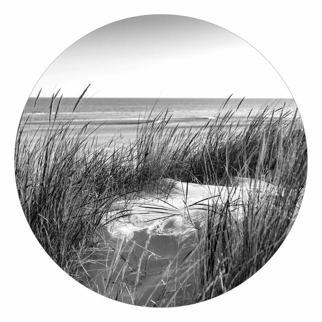 Carta da parati rotonda autoadesiva - duna spiaggia al mare in bianco e nero