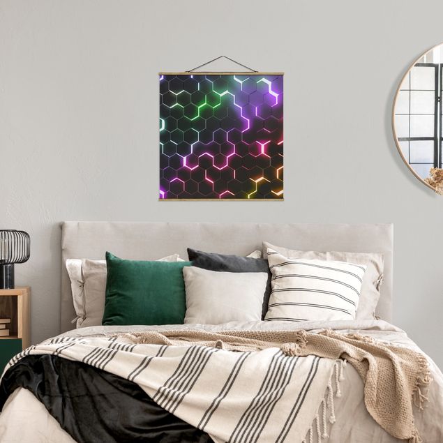 Foto su tessuto da parete con bastone - Esagoni strutturati con luce al neon - Quadrato 1:1