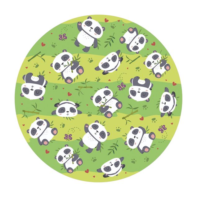 Tappeto in vinile rotondo - Teneri panda su prato verde