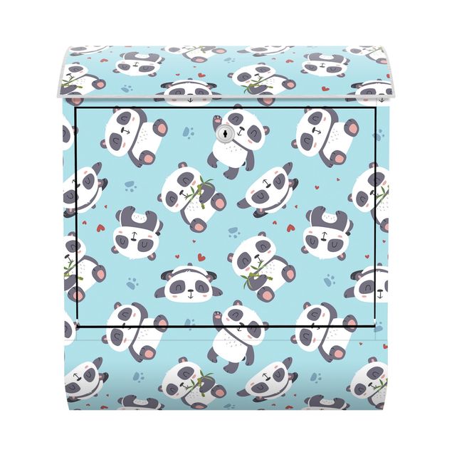Cassetta postale - Teneri panda con impronte e cuori in pastello blu