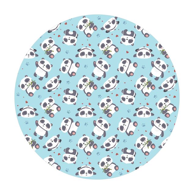 Tappeto in vinile rotondo - Teneri panda con impronte e cuori in pastello blu