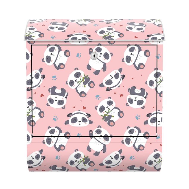 Cassetta postale - Teneri panda con impronte e cuori in pastello rosa
