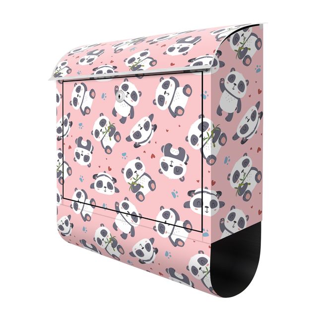 Cassetta postale - Teneri panda con impronte e cuori in pastello rosa