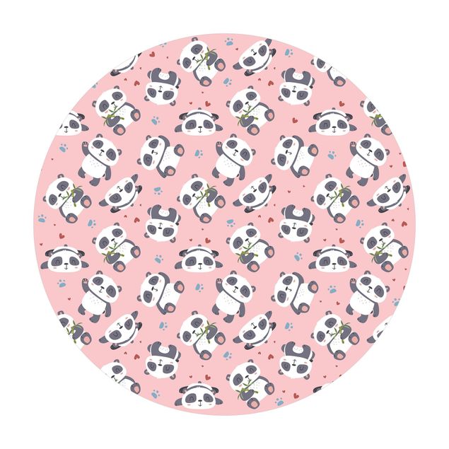 Tappeto in vinile rotondo - Teneri panda con impronte e cuori in pastello rosa