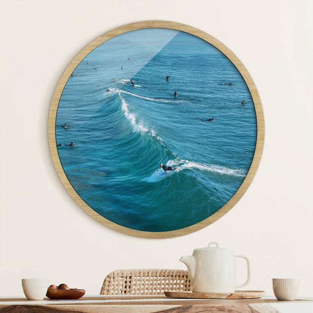 Poster con cornice rotonda Surfista a Huntington Beach