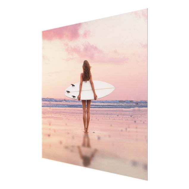 Quadro in vetro - Surfista con tavola al tramonto