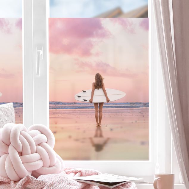 Pellicola per vetri colorata Surfista con tavola al tramonto