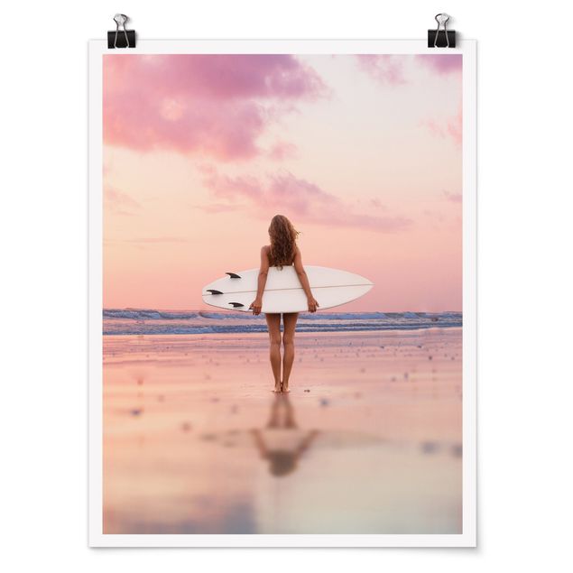 Poster riproduzione - Surfista con tavola al tramonto