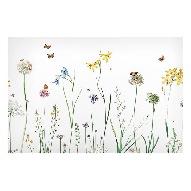 Lavagna magnetica bianco Farfalle danzanti su fiori selvatici