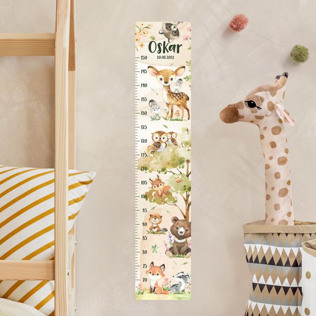 Metro adesivo da parete per bambini - Animali della foresta ad acquerello con nome personalizzato