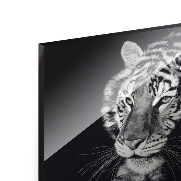 Quadro in vetro - Tigre nella luce del sole su nero - Formato orizzontale