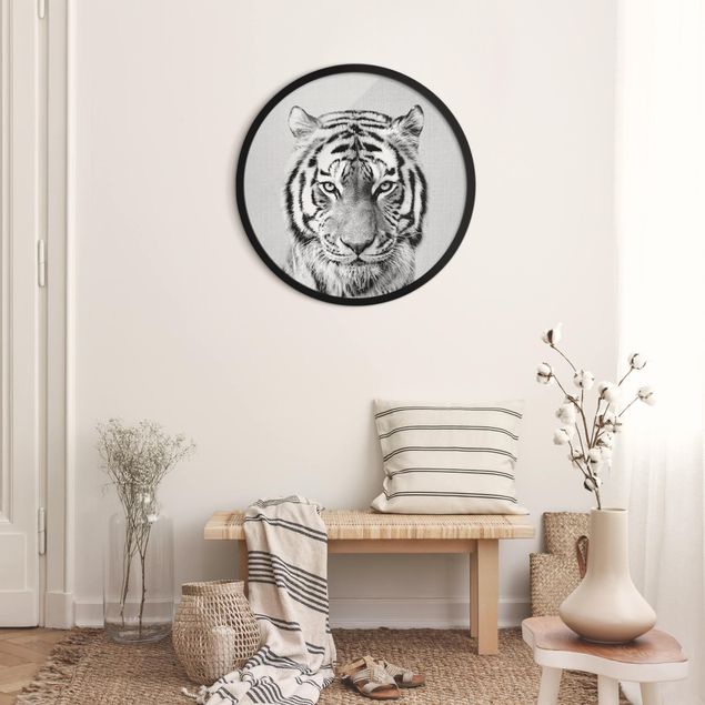 Poster con cornice rotonda Tigre Tiago Bianco e Nero