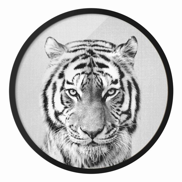 Quadro rotondo incorniciato - Tigre Tiago in bianco e nero