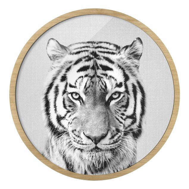 Quadro rotondo incorniciato - Tigre Tiago in bianco e nero