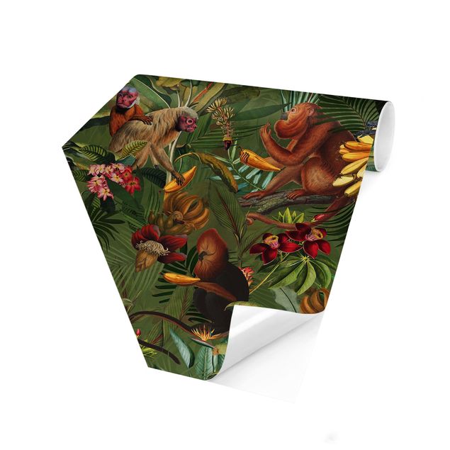 Carta da parati esagonale adesiva con disegni - Fiori tropicali con scimmie