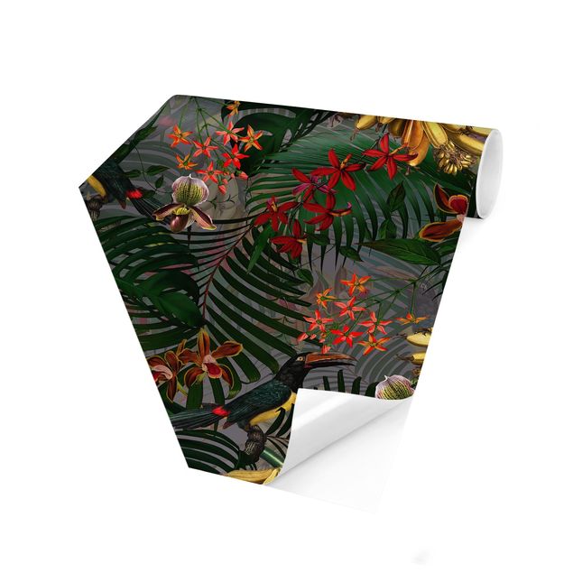 Carta da parati esagonale adesiva con disegni - Felci tropicali con tucano in verde