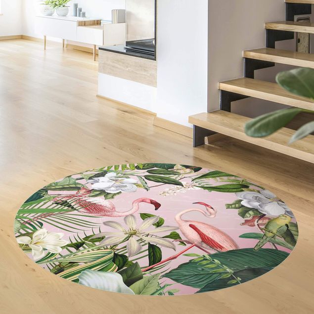 Tappeti moderni soggiorno Fenicotteri tropicali con piante in rosa