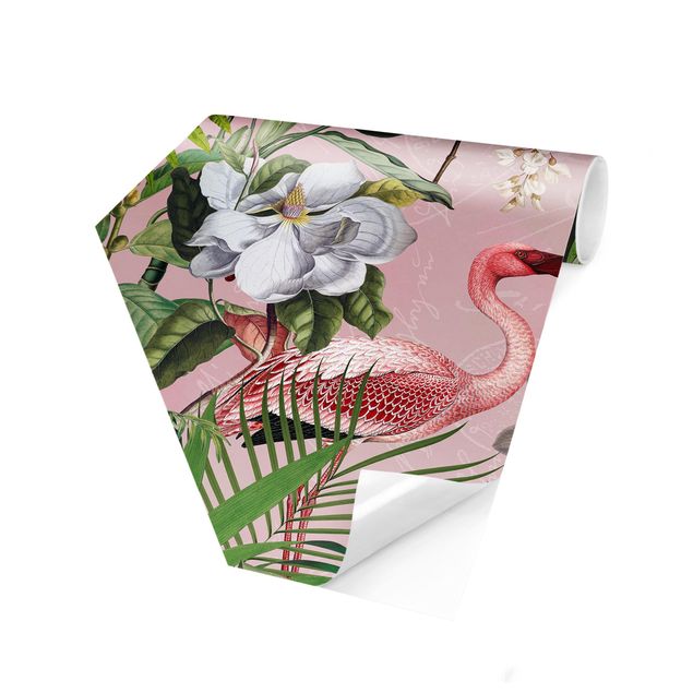 Carta da parati esagonale adesiva con disegni - Fenicotteri tropicali con piante in rosa