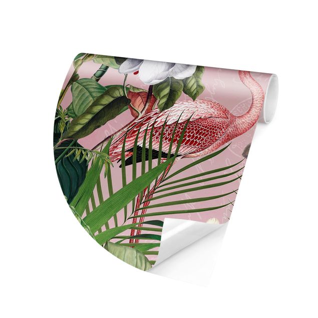 Carta da parati rotonda Fenicotteri tropicali con piante in rosa