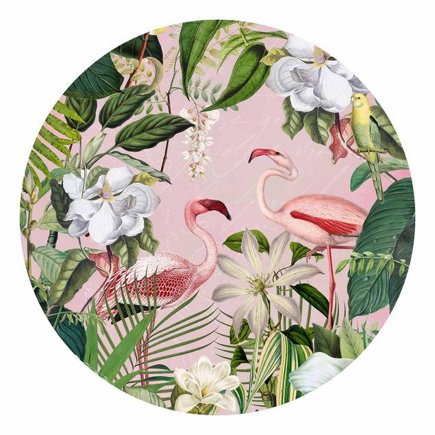 Carta da parati rotonda autoadesiva - Tropicale Fenicotteri con le piante in rosa