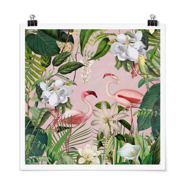 Poster - Fenicotteri tropicali con piante in rosa