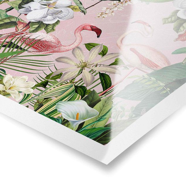 Poster - Fenicotteri tropicali con piante in rosa