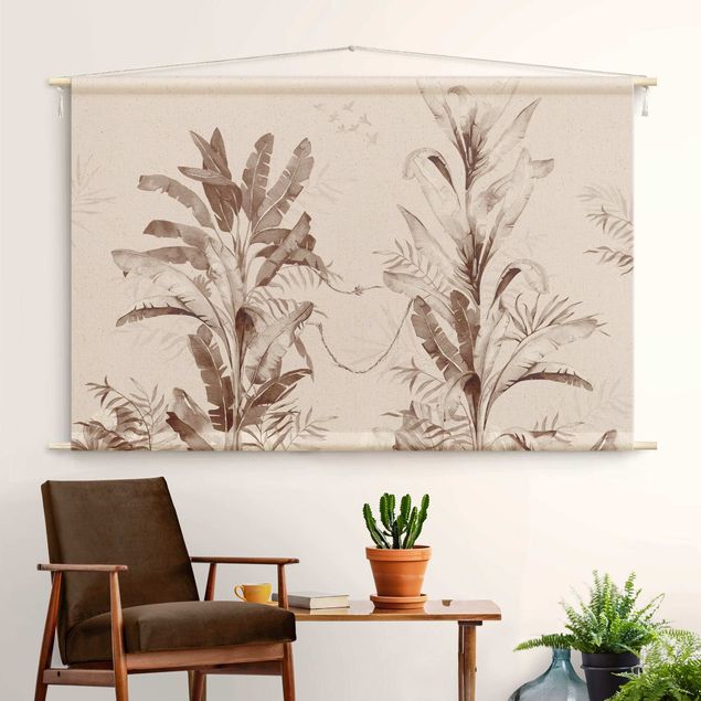 Arazzi da parete moderno Palme tropicali e foglie in seppia