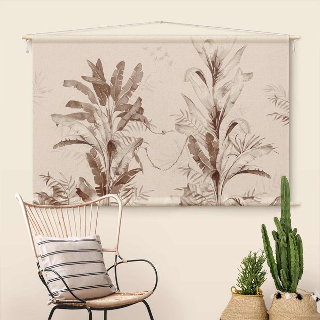 Arazzi da parete xxl Palme tropicali e foglie in seppia