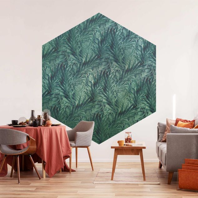 Carta da parati esagonale adesiva con disegni - Foglie di palme tropicale su gradiente turchese