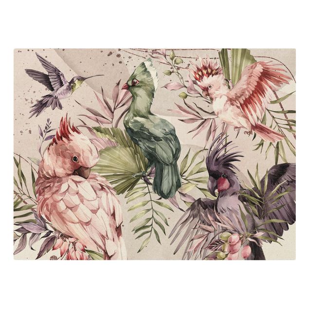 Riproduzioni su tela Uccelli tropicali - Cacatua colorato e colibrì