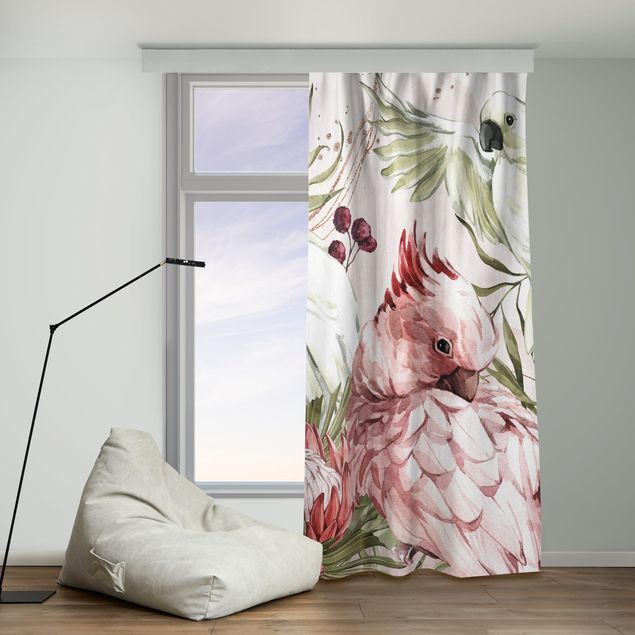 Tende tessuto di velluto Uccelli tropicali - Cacatua in rosa e bianco