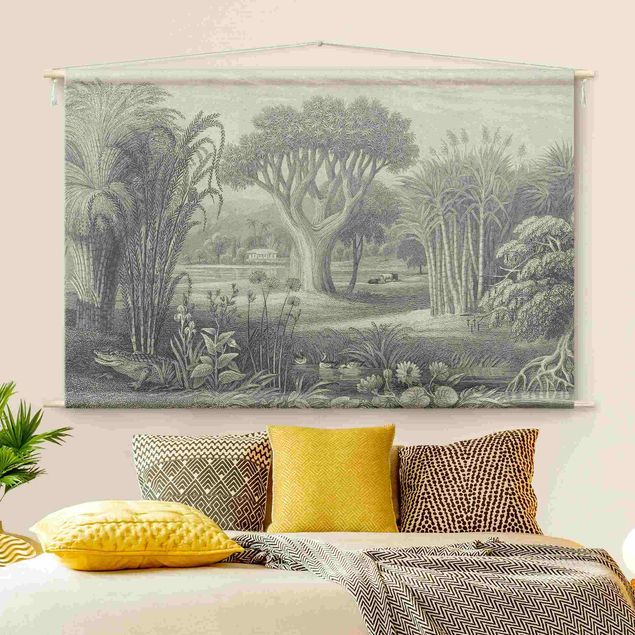 Arazzi da parete xxl Incisione sul rame tropicale giardino con stagno in grigio