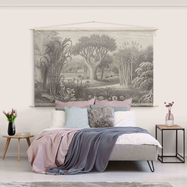 Arazzi da parete grande Incisione sul rame tropicale giardino con stagno in grigio