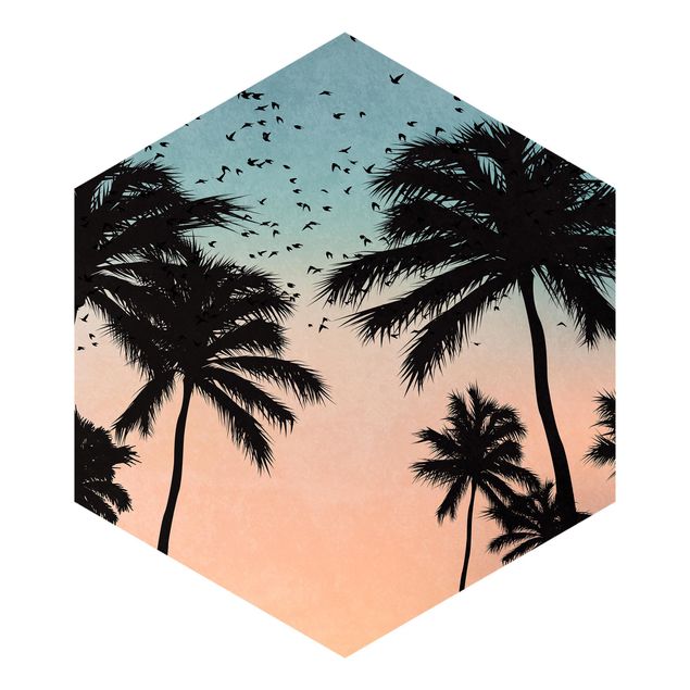 Carta da parati esagonale adesiva con disegni - Tramonto tropicale in blu e rosa